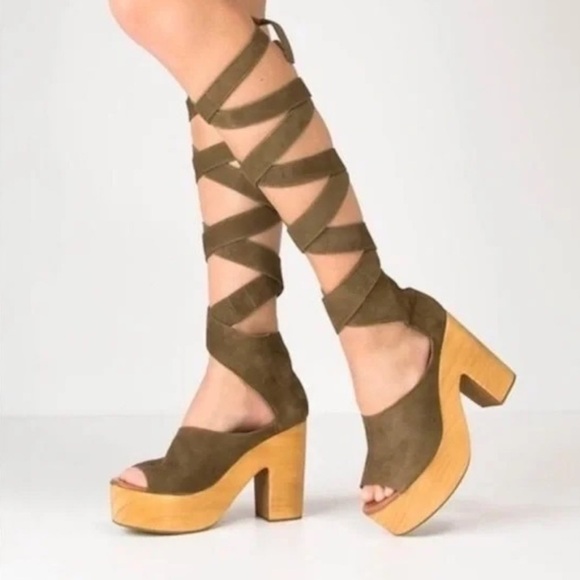 Free People Khaki Suede Lace-Up Platform Sandals - Picture 2 of 14